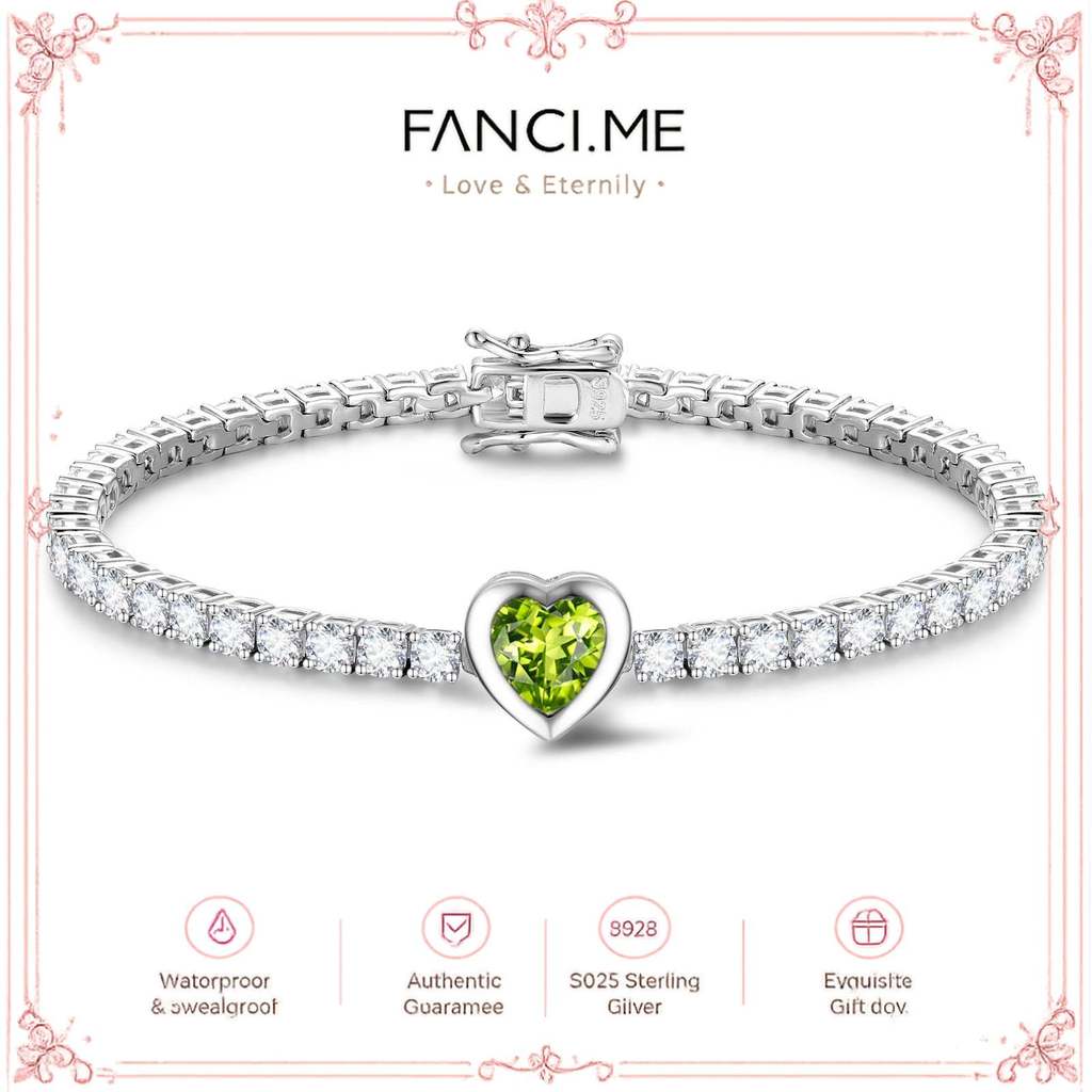 FANCIME "Axis" Heart Cut สิงหาคม Birthstone Peridot สร้อยข้อมือเทนนิสเงินสเตอร์ลิง