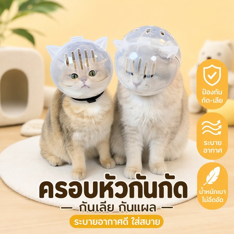 ครอบหัวแมว กันกัด กันเลีย ปลอกคอแมว หลังผ่าตัด ระบายอากาศ ปรับได้ ใส โปร่งใส แมวเล็ก