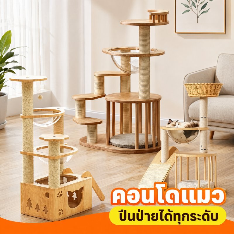 คอนโดแมว บ้านแมว ต้นไม้แมว โครงปีนแมว ไม้แท้ บันไดหมุน ที่ลับเล็บ แมวในบ้าน เฟอร์นิเจอร์แมว