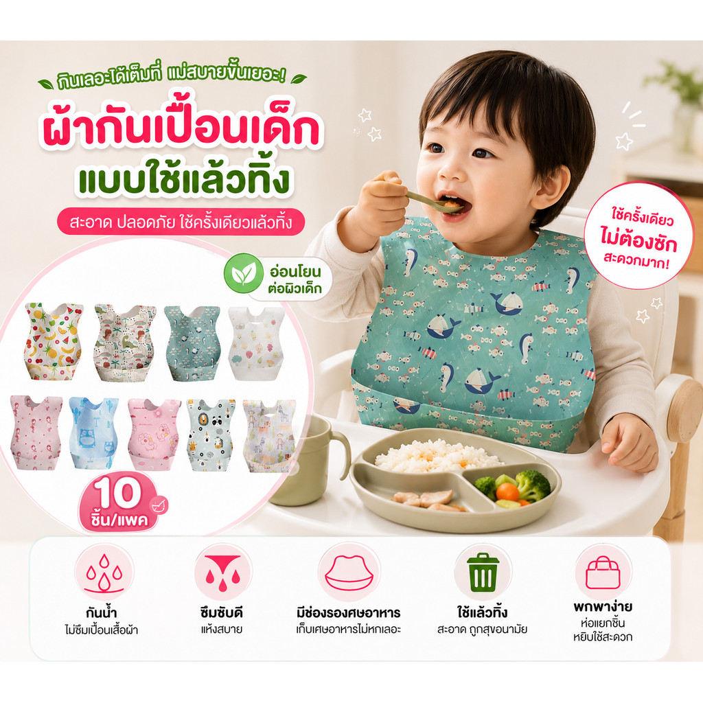 Blabla Kids (10 ชิ้น/แพ็ค) ผ้ากันเปื้อนเด็กแบบใช้แล้วทิ้ง กันน้ำ กันเปื้อน ซึมซับดี พกพาง่าย Disposable Baby Bib