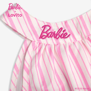 (New Arrival) Barbie™ X Lovito Kids เสื้อท็อปสีชมพูเด็กผู้หญิง ฤดูใบไม้ผลิ/ร้อน ไม่มีแขนคอฮอลเตอร์ เอวสูง ขาตรง ปักลายและกระเป๋า เกาหลี อินเทรนด์ LBL5AD034