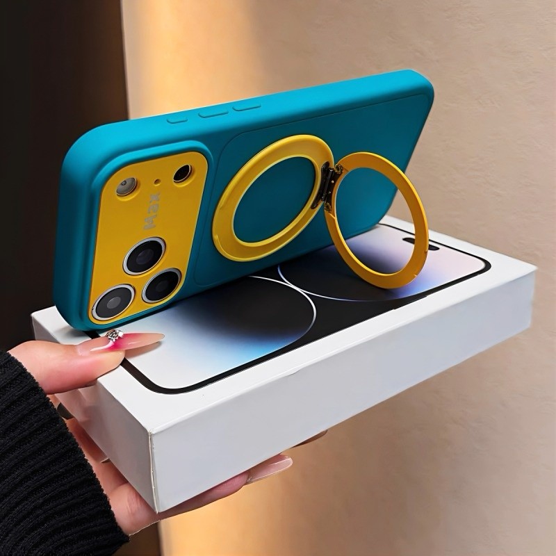 Premium แม่เหล็ก 360° ขาตั้งซิลิโคนเคสแข็ง/สีฟ้า case ใช้ได้กับ iPhone 13 14 15 16 17 Pro Max กรณีผิวกันกระแทกฝาหลัง