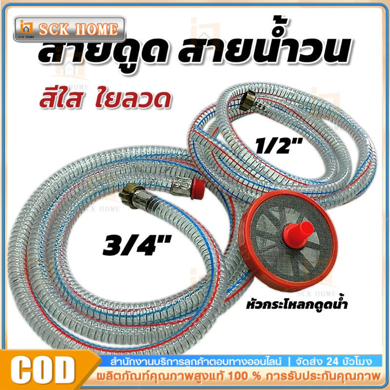 สายดูดขนาด 1" + หัวกระโหลกพลาสติก ขนาด 6หุน สีใส มีใยลวด สำหรับปั้มพ่นยาสามสูบ (A225)