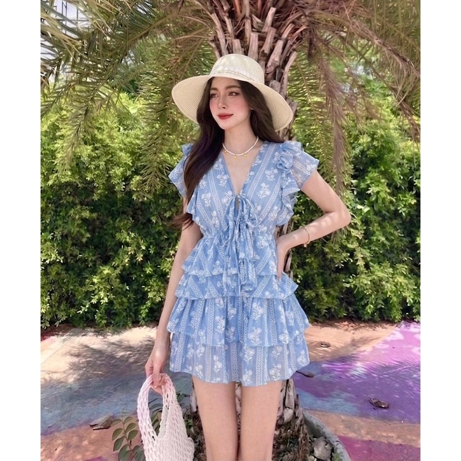 🌷Floral Frill ชุดเซ็ต 2 ชิ้น เสื้อแขนกุดระบาย+กระโปรงแต่งเลเยอร์(มีซับใน)