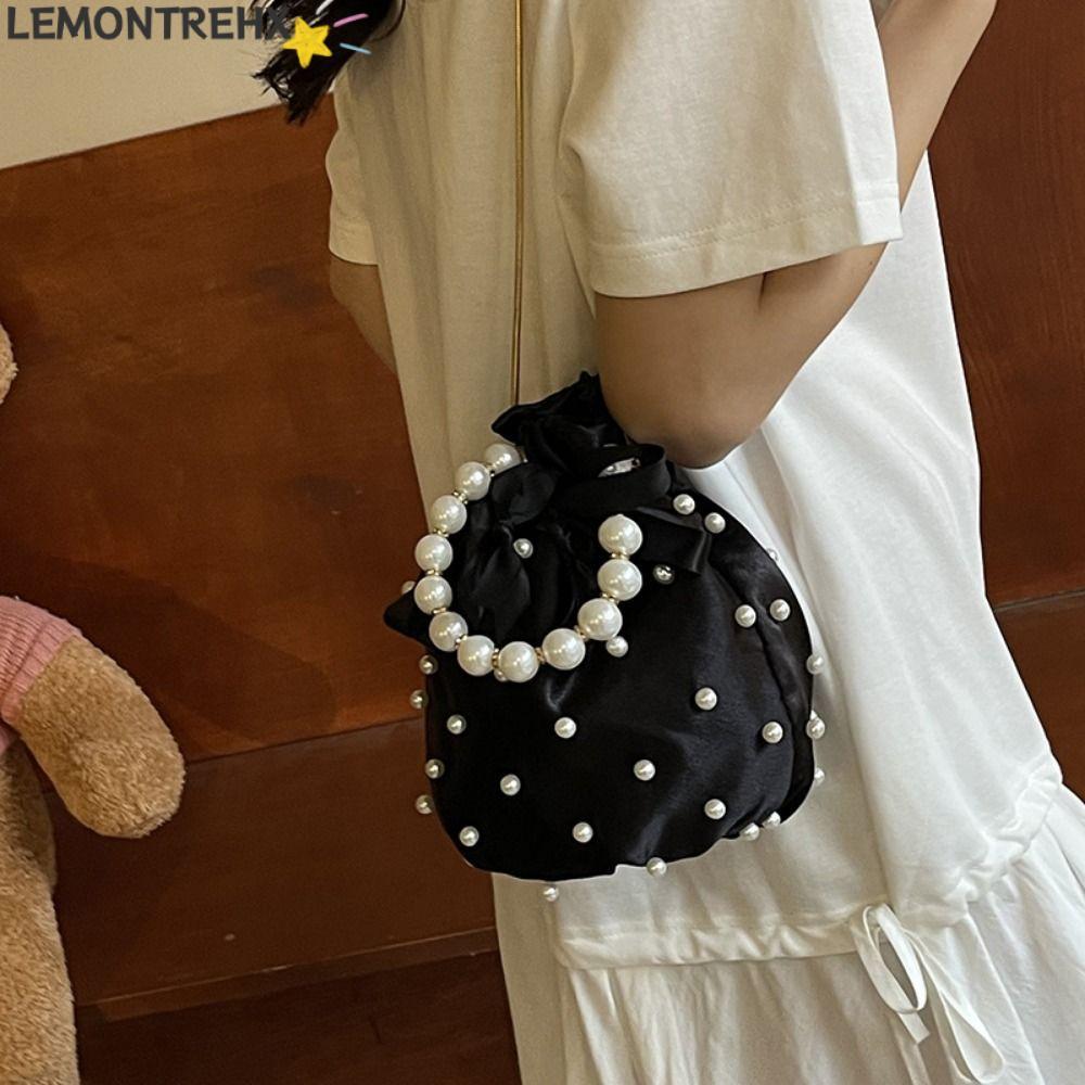 LEMONTREAL Pearl Crossbody Bag, Drawstring Closed Glossy Luxury Drawstring Handbag, Y2K Large Capacity Lightweight Shoulder Bag Work/Travel/Shopping