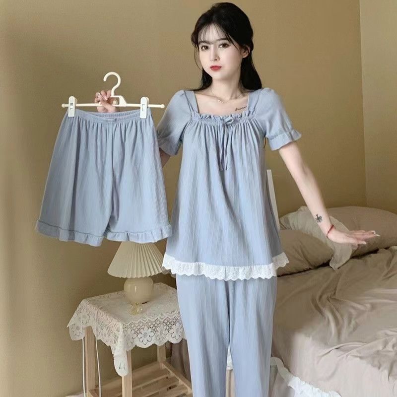 Fashionable Women's Pajamas 夏天外穿睡衣女三件套装短袖薄款高颜值公主风可爱学生家居服6.4
