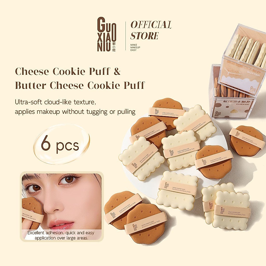 GUOXIAONIU พัฟคุชชั่นคุกกี้ 6 ชิ้น นุ่มละเอียดพิเศษ วัสดุ Rubycell เกรดพรีเมียม ใช้งานได้ 2 แบบ (เปียก/แห้ง) ทนทาน ไม่กินแป้ง