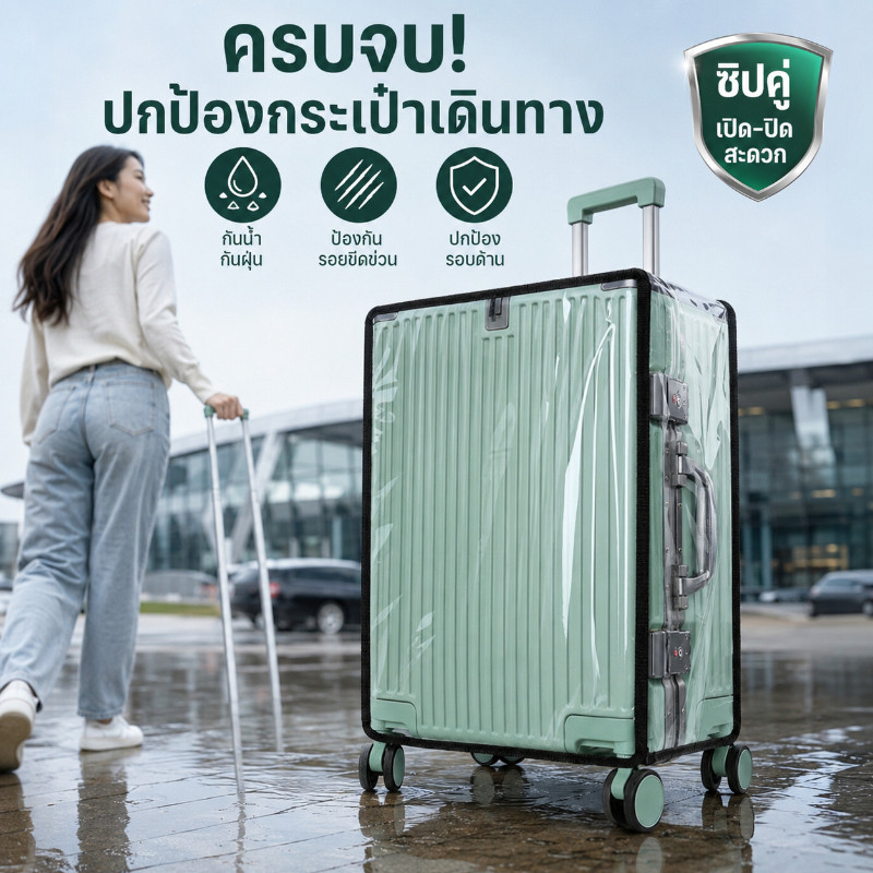 COD ผ้าคลุมกระเป๋าเดินทาง PVC ใส หนาพิเศษ กันน้ำ กันฝุ่น มีซิป เปิดกระเป๋าง่าย ไม่ต้องถอด เหมาะฤดูฝน