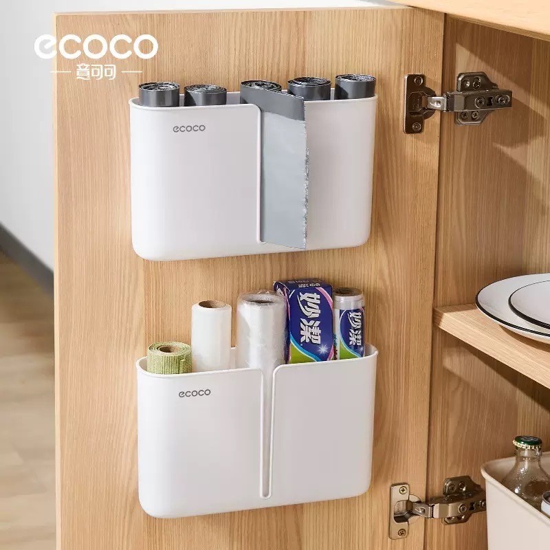 ECOCO ชั้นวางขอ ที่ใส่ถุงขยะ ชั้นวางถุงขยะ กล่องเก็บถุงขยะ ติดผนัง ไม่ต้องเจาะ มี2สีให้เลือก [COD]
