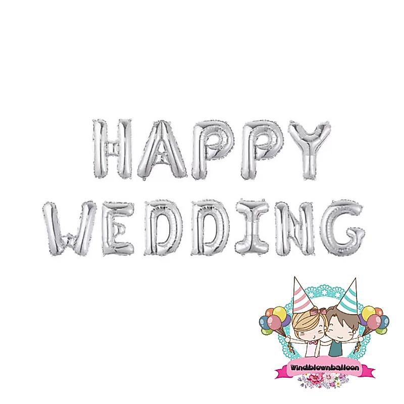ลูกโป่งฟอยล์ WINDBLOWN HAPPY WEDDING ตัวอักษรสีเงิน / ANNIVERSARY & WEDDING ชุดตกแต่งห้อง