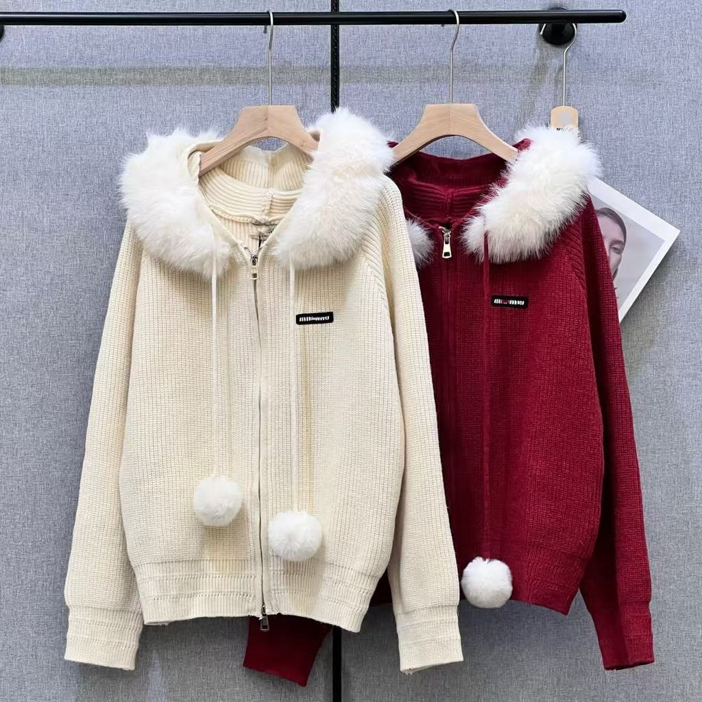 FAOA Mi**iu 25New winter Korean-style large fur collar hooded zip-up lazy rich girl style pom-pom ca