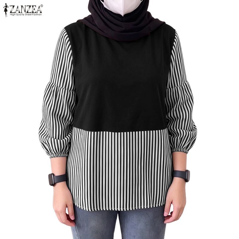 ZANZEA แขนโคมไฟคอกลมสไตล์มุสลิมสําหรับผู้หญิงลาย Patchwork เสื้อบล็อกสี