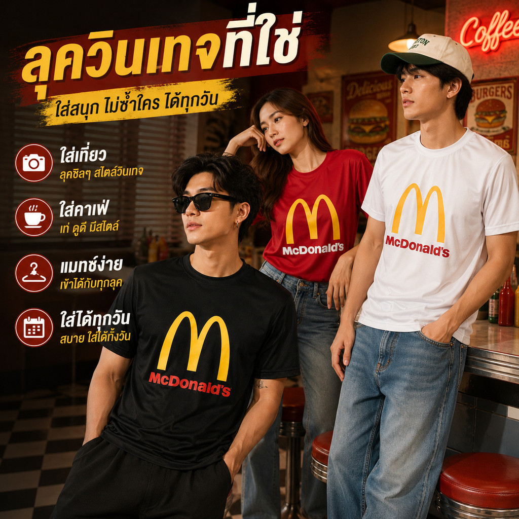 เสื้อยืดสกรีนลายแมคโดนัลด์  ผ้าไมโครเนื้อสัมผัสเย็นสบาย ไม่อับชื้น ผ้านิ่ม ลื่น เรียบ