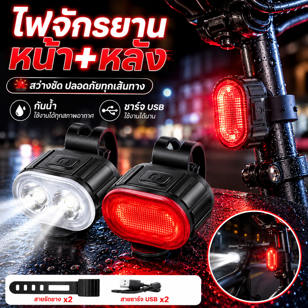ชุดไฟหน้าและไฟท้ายจักรยาน LED ชาร์จผ่าน USB กันน้ำ สว่างชัดเป็นไฟเตือนความปลอดภัย ขี่กลางคืนได้ดี ติดตั้งง่าย