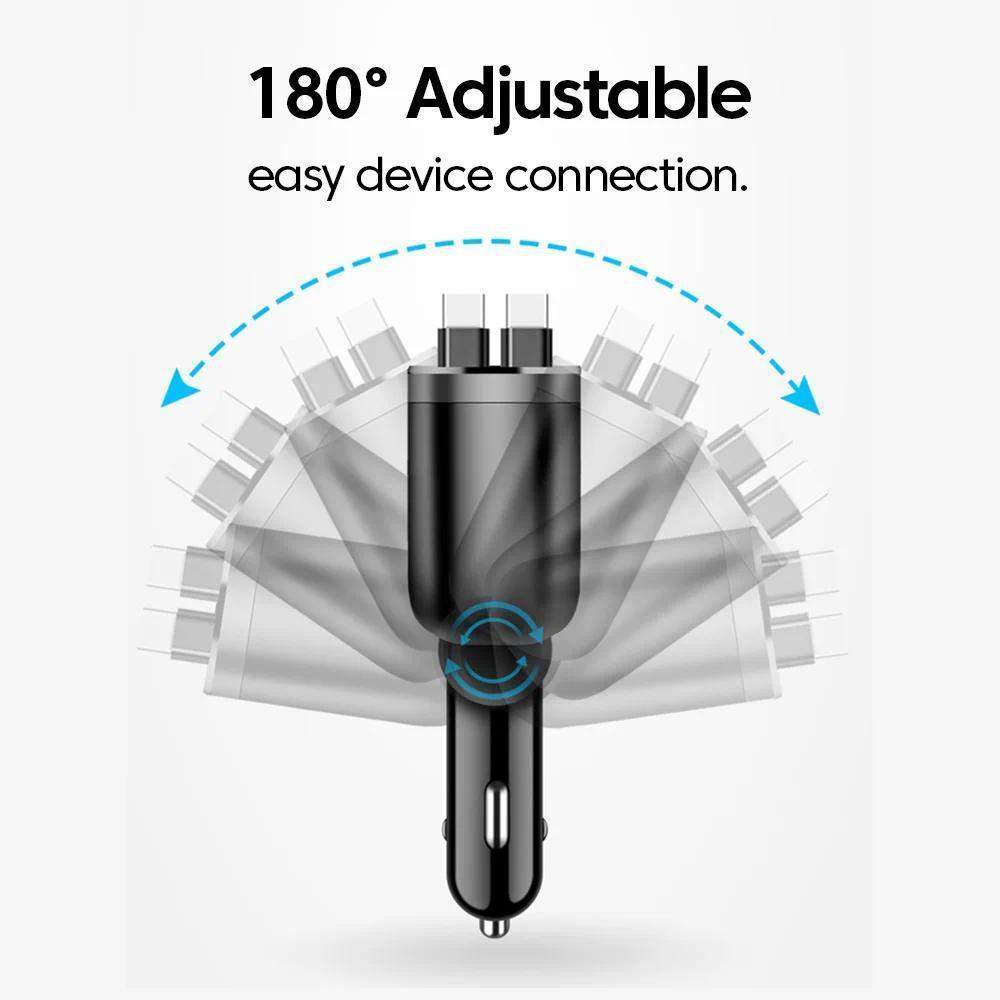 Fast 150w Retractable 70 ซม.Usb-c Dual Cable Power Adapter ที่ชาร์จแบตในรถ