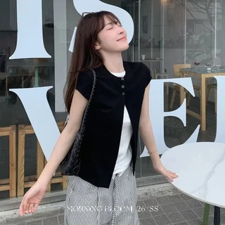 เสื้อเวสต์ถักไร้แขน คอกลมกระดุมหน้า ผ่าปลาย สไตล์สองชั้นปลอม สีดำเรียบหรูฤดูร้อน