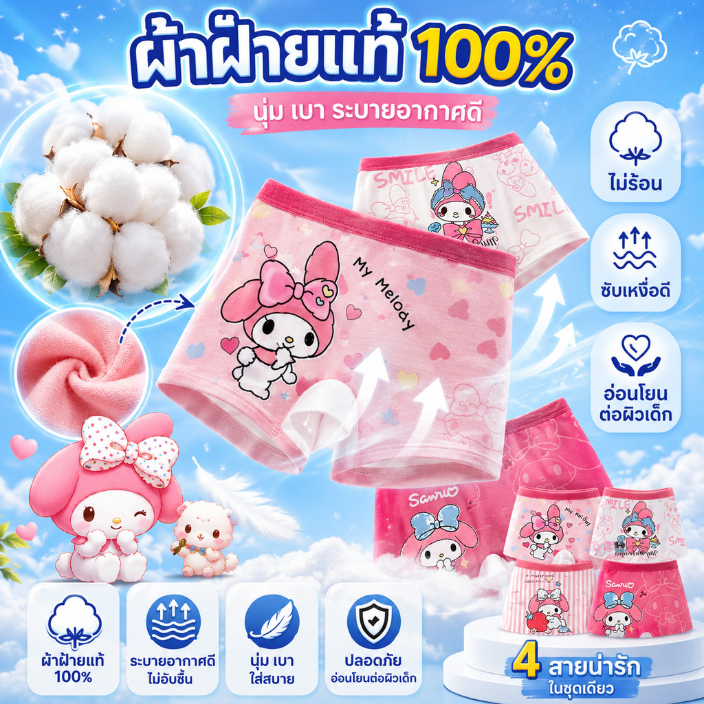 ชุดกางเกงในเด็กผู้หญิง 4 ชิ้น ผ้าคอตตอนนุ่ม ระบายอากาศดี ไม่อับชื้น ใส่สบาย สำหรับเด็กอายุ 2-14 ปี