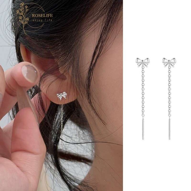 Roselife Elegant S925 เงิน 1 คู่ Dangle Chain Bow Drop ต่างหูผู้หญิงหมั้นหูเครื่องประดับอุปกรณ์เสริม