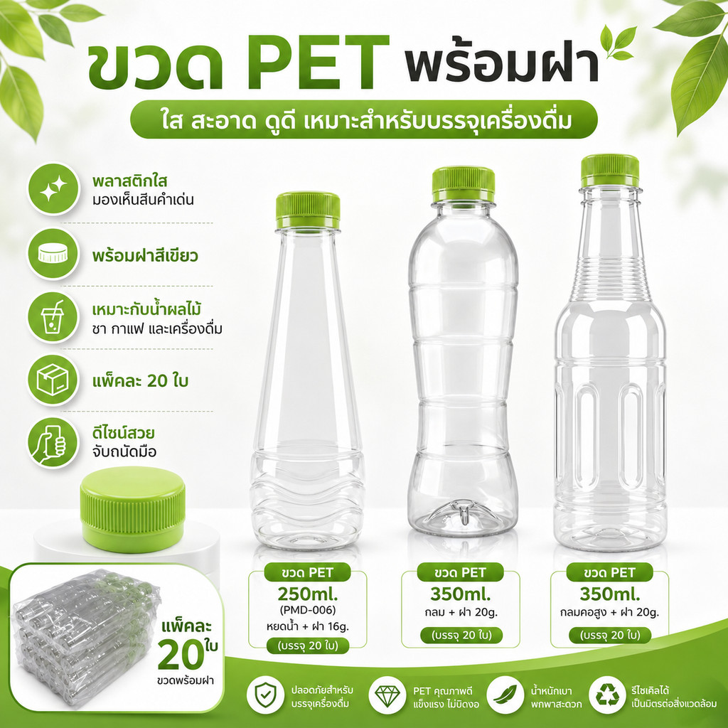 ขวด PET ใส 250ml ทรงหยดน้ำ พร้อมฝาปิด แพ็คสุดคุ้ม 20 ใบ (พร้องส่ง)