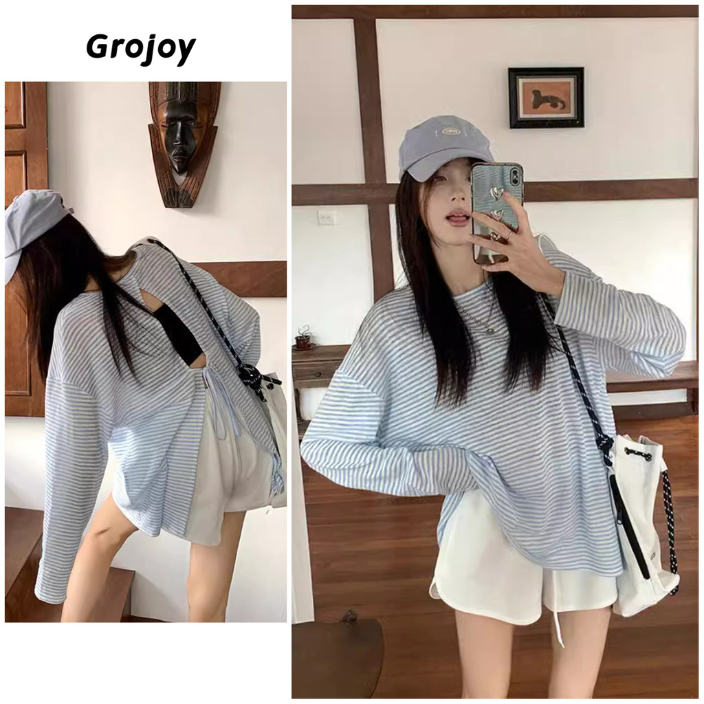 ((คลังสินค้าพร้อม) เสื้อกีฬาน้ําหนักเบาลายทางกลับลูกไม้ขึ้นออกแบบฤดูร้อนด้านนอกด้านบน [Grojoy] GD888