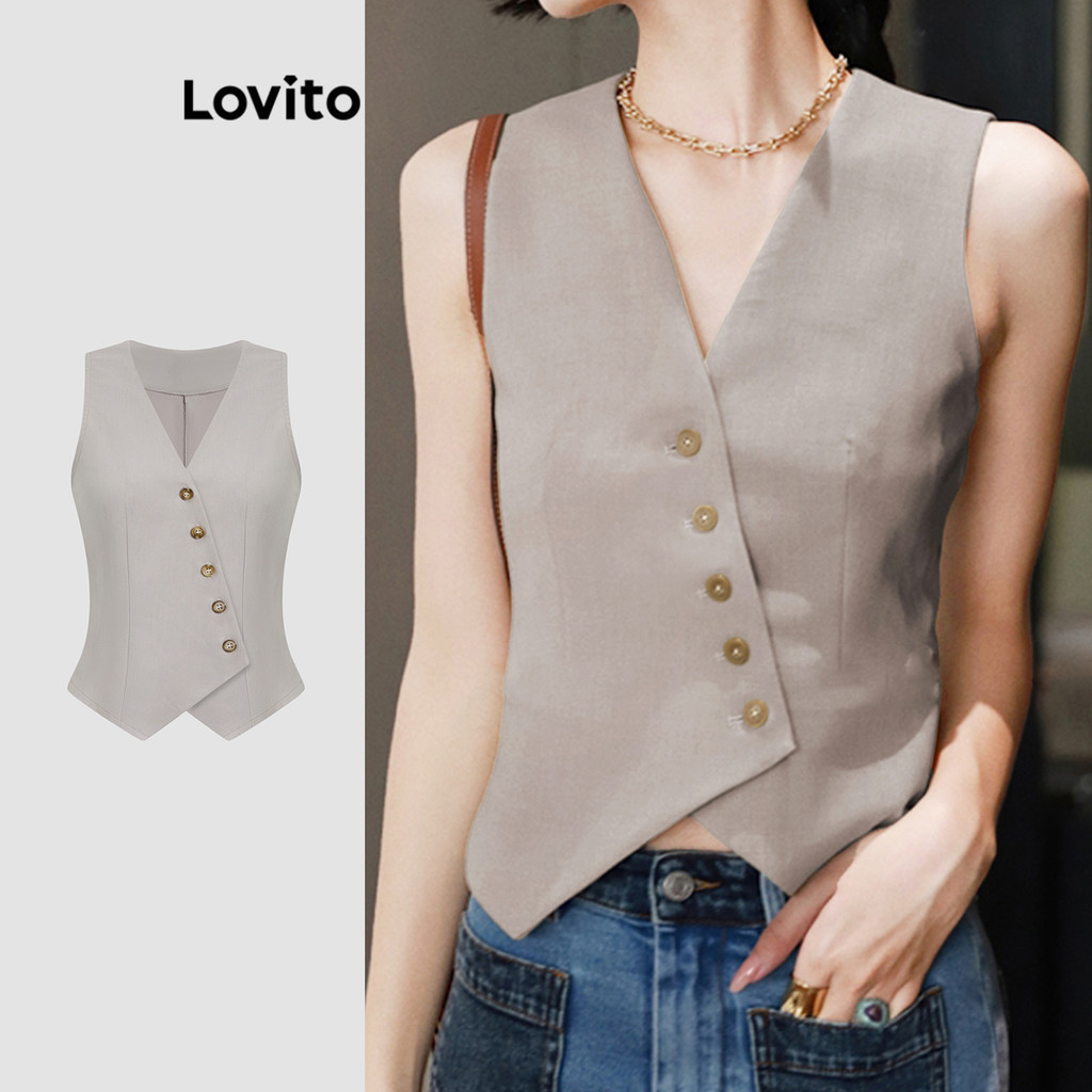 Lovito เสื้อกล้ามลำลองสีพื้นไม่สมมาตรสำหรับผู้หญิงในช่วงฤดูร้อน L120ED215