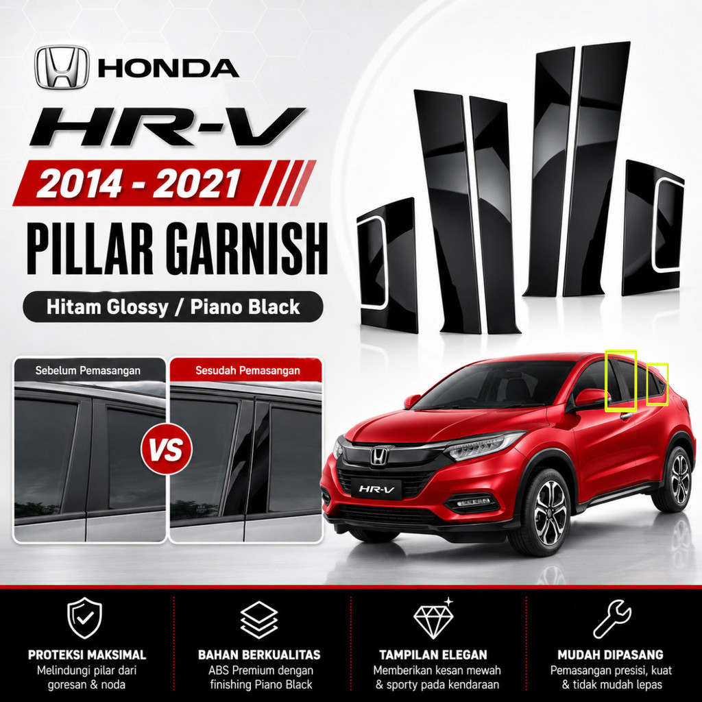 ประตูเสาตัดสติ๊กเกอร์ Garnish Honda HRV 2014-2021 เปียโนสีดําเคลือบเงาวัสดุ PC สีดํา