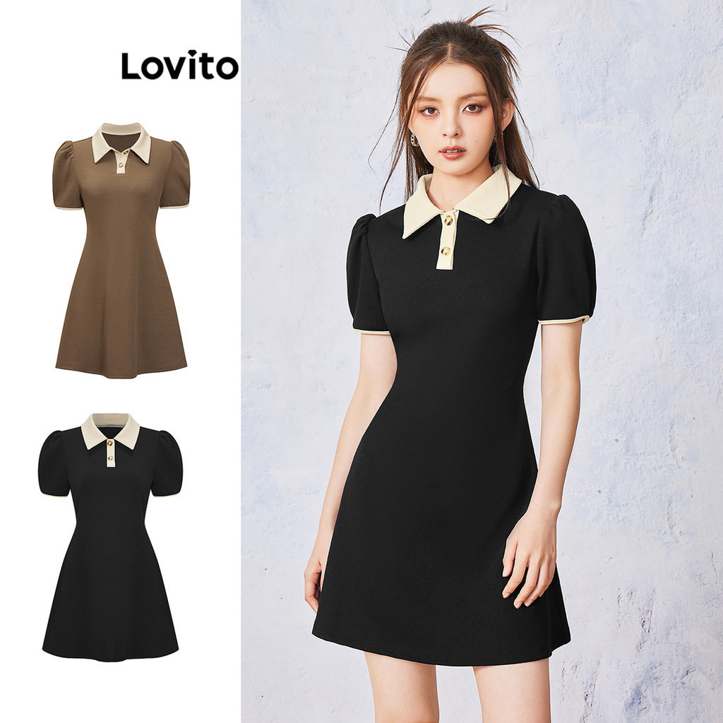 Lovito ชุดเดรสลําลองชุดเดรสผูกพันคอปกสีตัดกันสีพื้นสําหรับผู้หญิง L55AD057 (หลากสี)