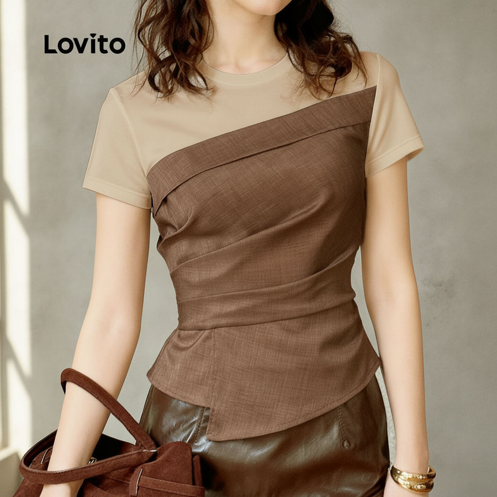 Lovito เสื้อผู้หญิงดีไซน์เย็บสีตัดกันสําหรับฤดูใบไม้ผลิและฤดูร้อน L170ED120