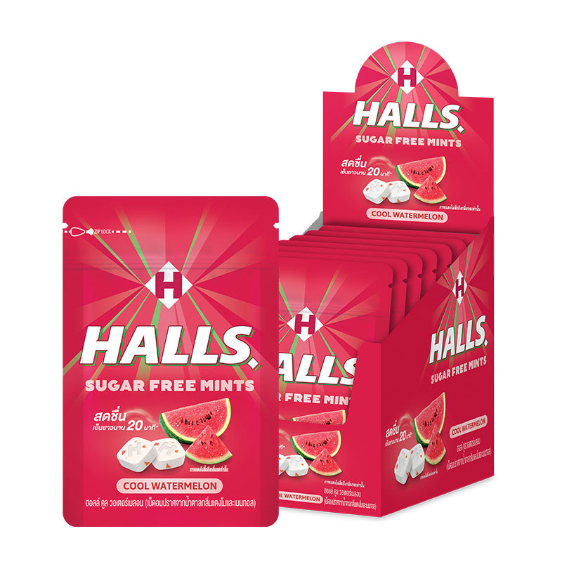 ฮอลล์ ลูกอม มินต์ แตงโม 15.4 ก. x 10 (HALLS Mint Watermelon Candy 15.4 g x 10) โปโลแมน POLOMAN