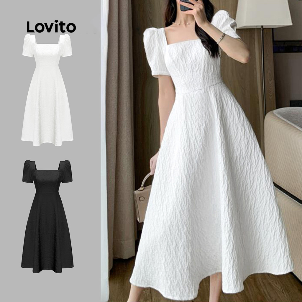 Lovito ชุดเดรสคอเหลี่ยมแขนพัฟฤดูร้อน/ฤดูใบไม้ผลิหรูหราสําหรับผู้หญิง L65ED170 (สีขาว)