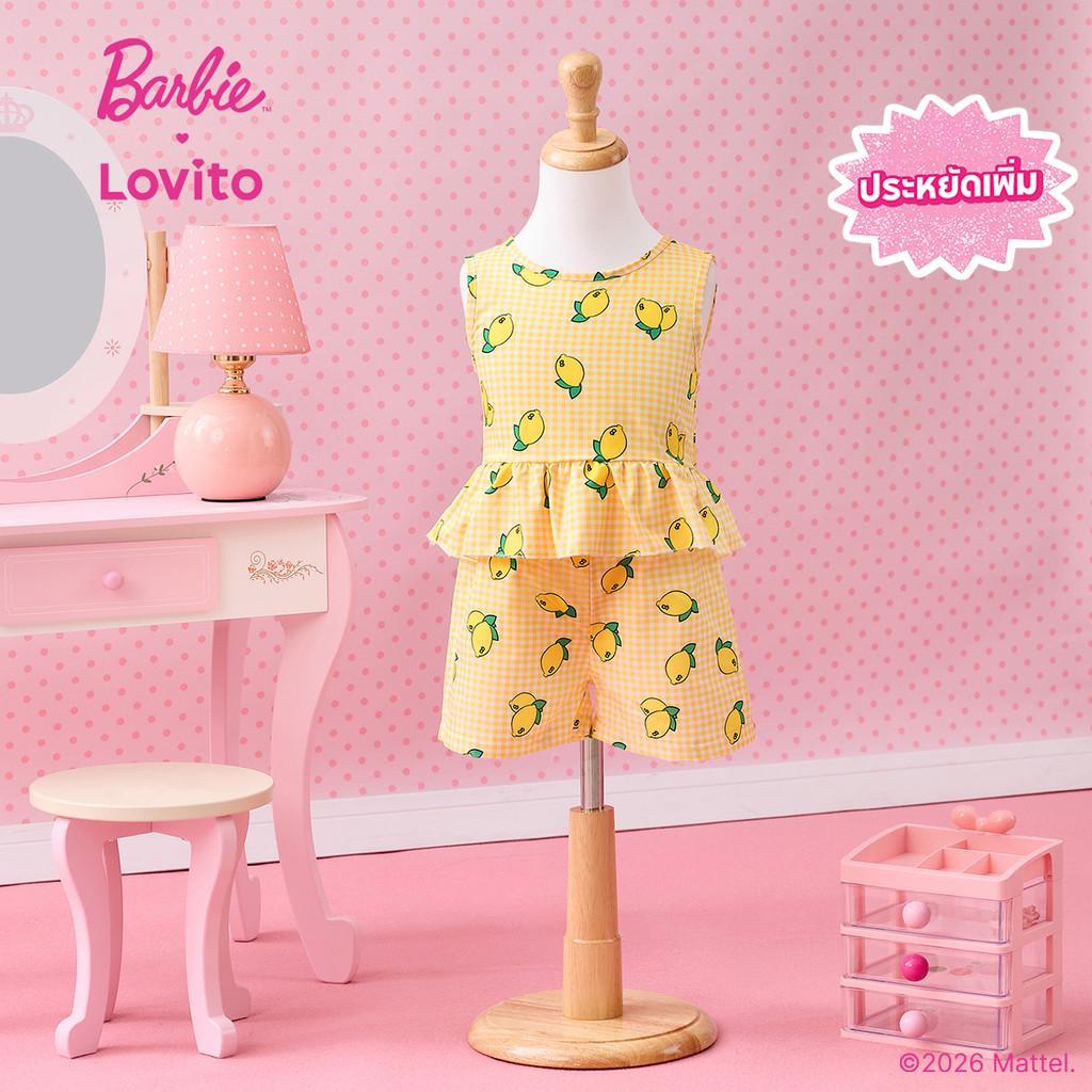 [Summer Sale] (New Arrival) Barbie™ X Lovito ชุดกางเกงขาสั้นน่ารักสำหรับเด็กผู้หญิง ลายดอกไม้ระบายสีเหลือง สำหรับฤดูใบไม้ผลิ/ฤดูร้อน SHBL4PAD029
