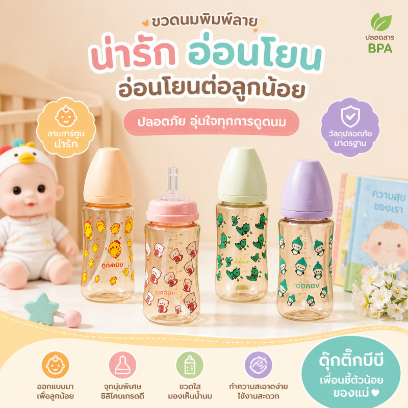 ขวดน้ำเด็ก ขวดหัดดื่ม กันรั่ว กันสำลัก พกพา ปลอดสาร BPA ทนร้อน ต้มฆ่าเชื้อ ลายการ์ตูน 270 มล