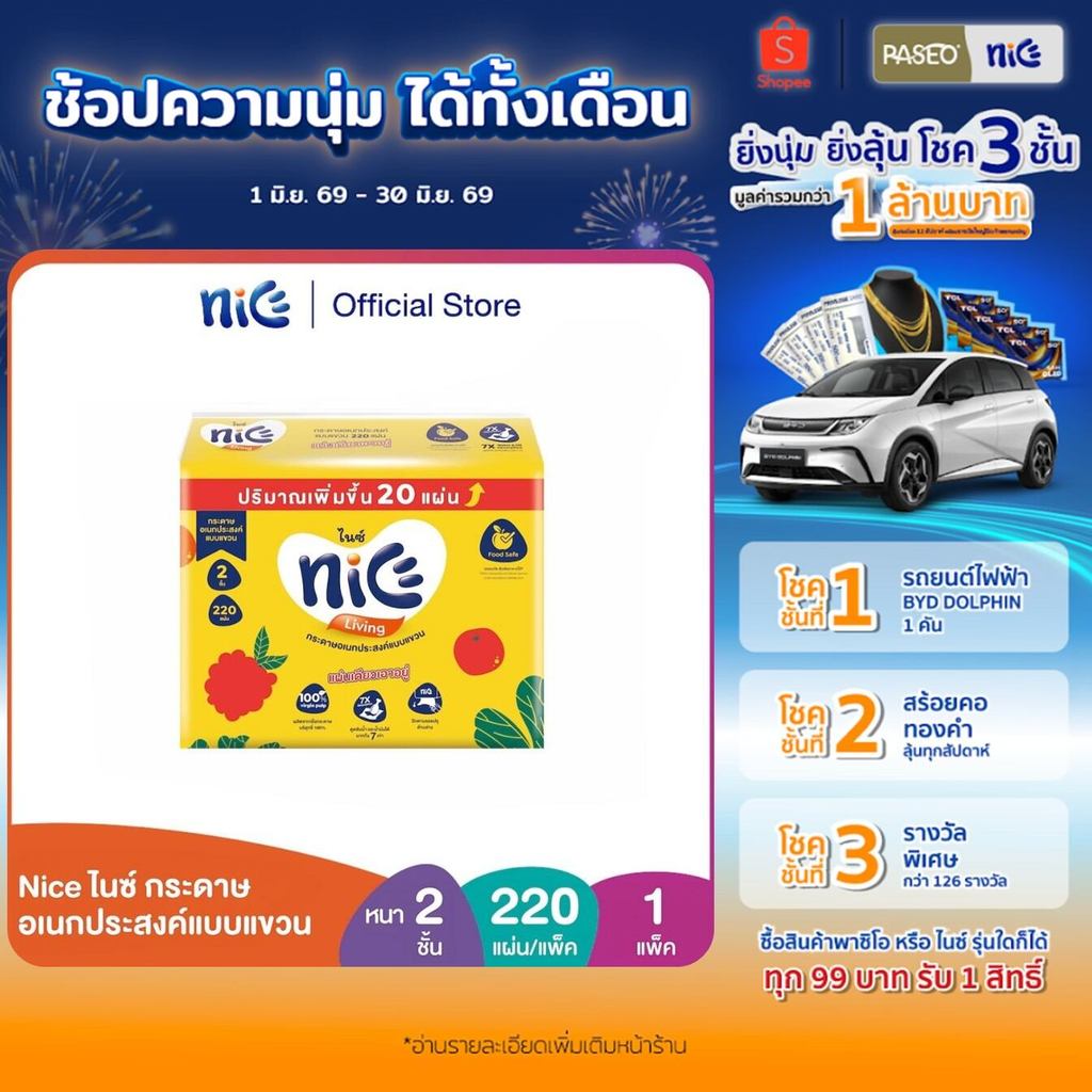 (1 แพ็ค) Nice ไนซ์ กระดาษอเนกประสงค์แบบแขวน หนา 2 ชั้น 220 แผ่น (ทิชชู่ กระดาษทิชชู่) x 1