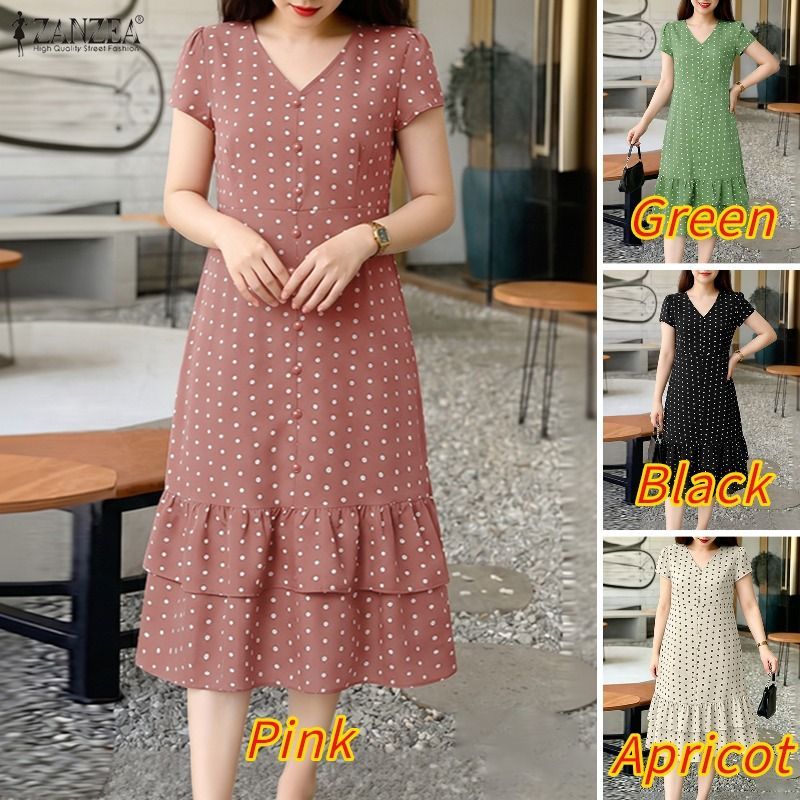 ZANZEA ผู้หญิงเกาหลีหรูหราอ่อนโยน V คอ Raglan แขนลายจุด Double-Layered Ruffled A-Line Dresses — صورة 3