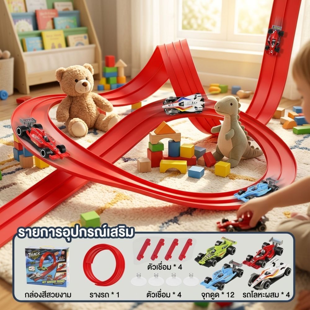 4m ยืดหยุ่น Race Track สําหรับเด็ก, Race Car Ramp Track พร้อมถ้วยดูดและ 4 รถแข่งขนาดเล็ก th