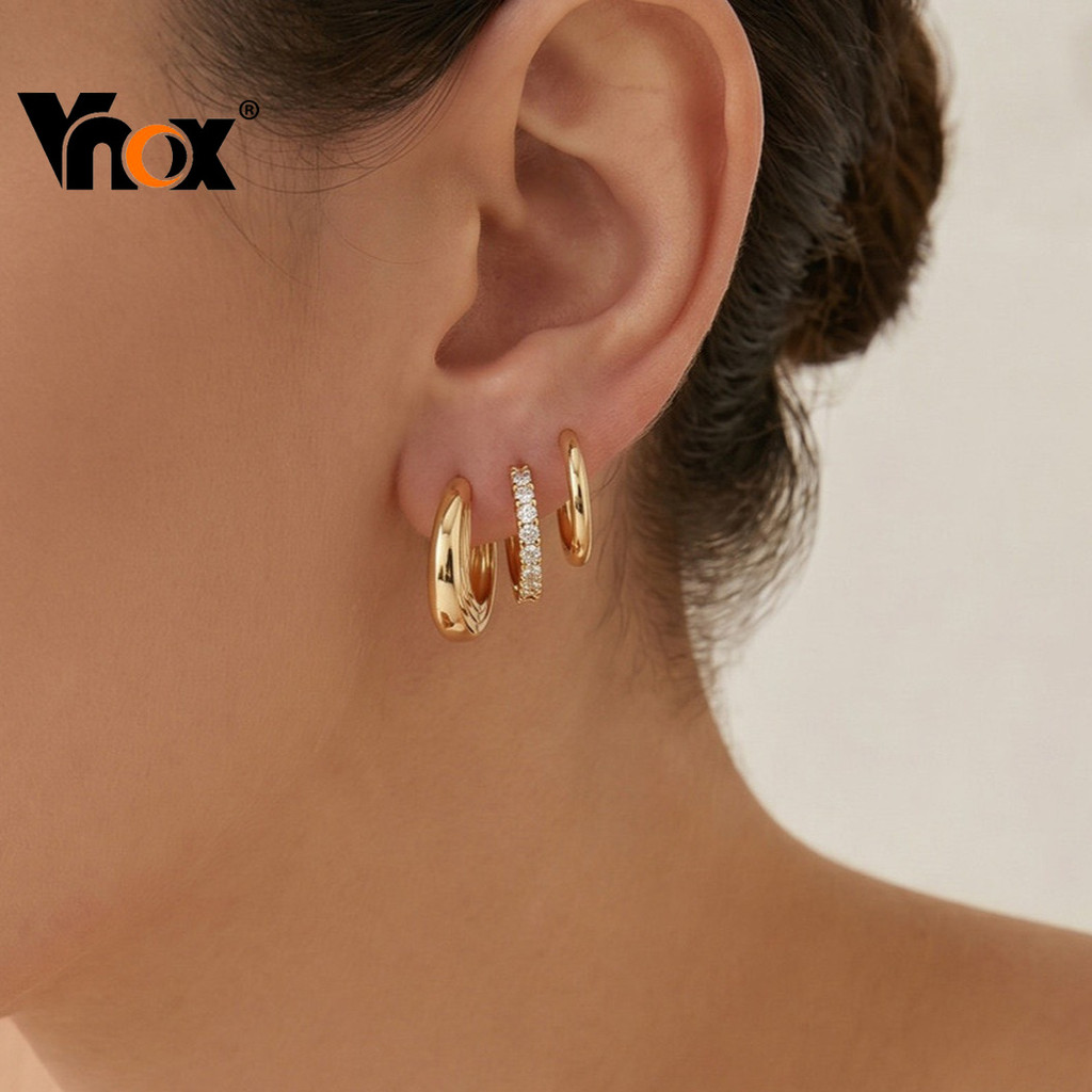 Vnox ต่างหูห่วงเพทายชุบทองชุด 3 ชิ้น,ต่างหูห่วงลูกบาศก์เซอร์โคเนียประกาย, ของขวัญแฟชั่นกันน้ําสําหรับเธอ