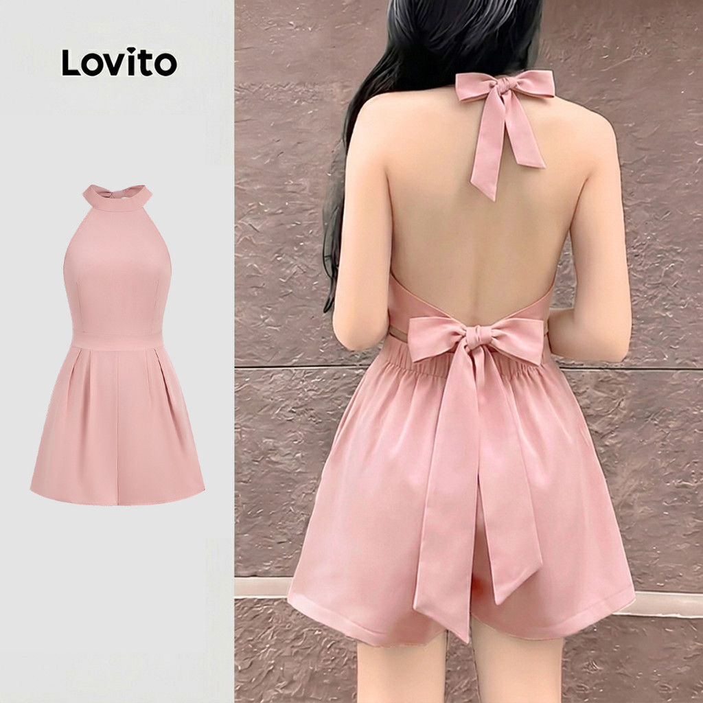 Lovito จั๊มสูทลําลองสีดําพร้อมโบว์ตัดออกซิปสําหรับฤดูใบไม้ผลิ/ฤดูร้อนสําหรับผู้หญิง LK4ED521