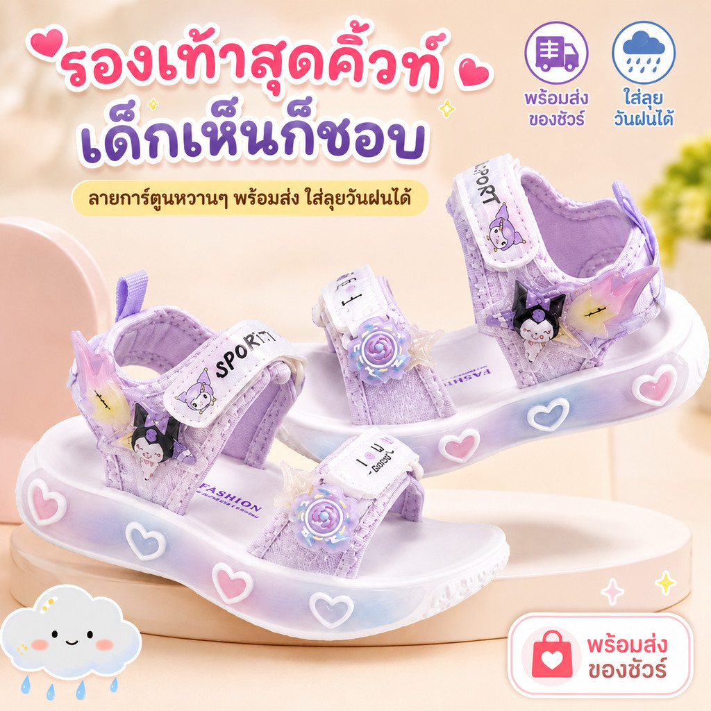 รองเท้าแตะเจ้าหญิงเด็กผู้หญิง สีม่วงหวาน ลายการ์ตูนน่ารัก พื้นนุ่ม กันลื่น