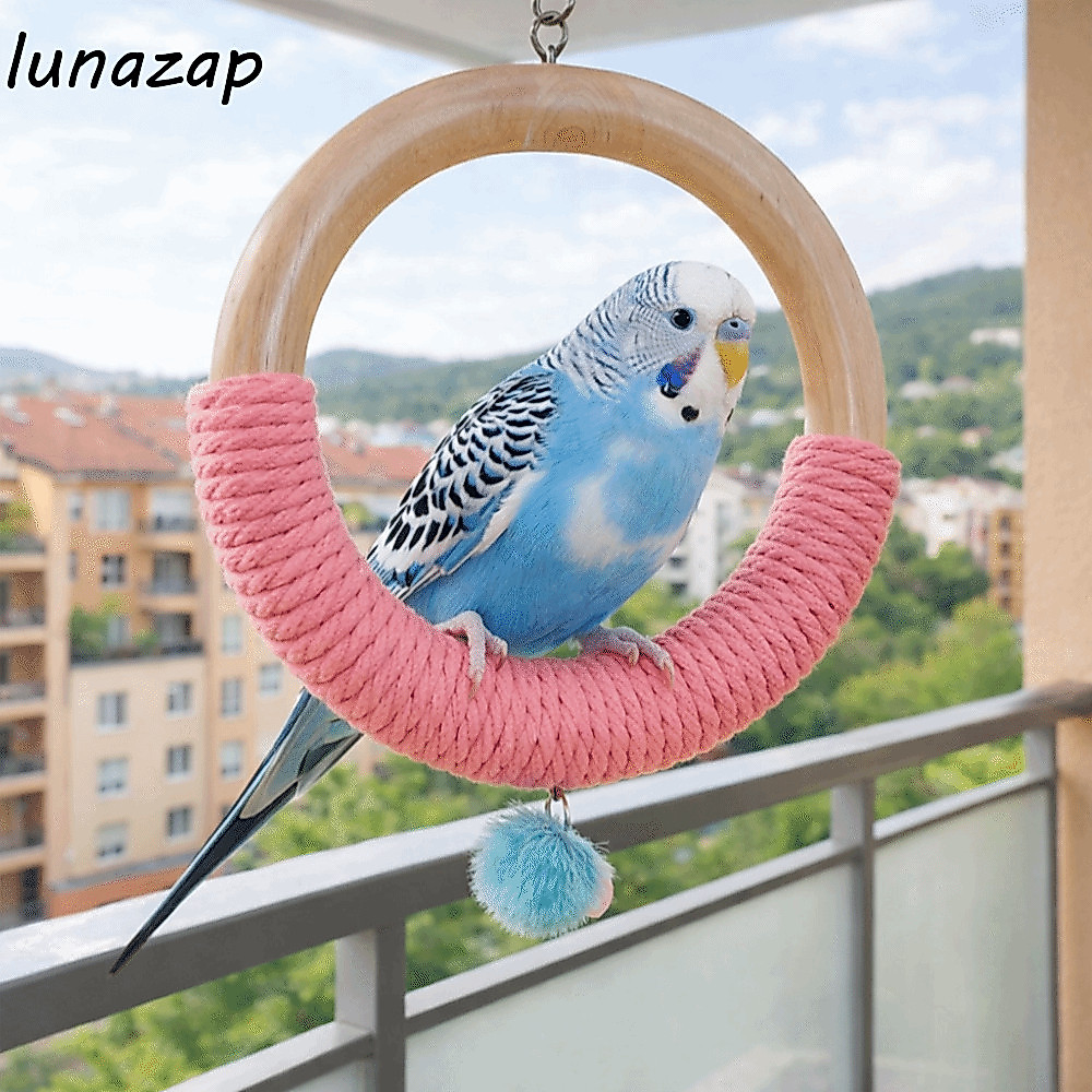 LUNAZAP Parrot Pole Swing,พร้อมลูกขนแหวนสีของเล่นแกว่งนก,อุปกรณ์นกไม้พร้อมกระดิ่งถักเคี้ยวของเล่นกรงนกใช้