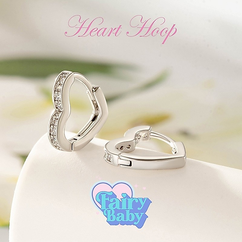 Fairybaby ต่างหู ห่วง Heart Hoop ( 1 คู่ ) ห่วง รูปหัวใจ ประกาย เล่นแสง (E2-149)