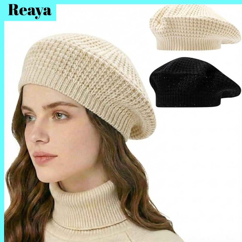 หมวกบีนนี่ REAYA, หมวกเบเร่ต์ถักโครเชต์, หมวกจิตรกรสีทึบนุ่มยืดหยุ่นแฟชั่น