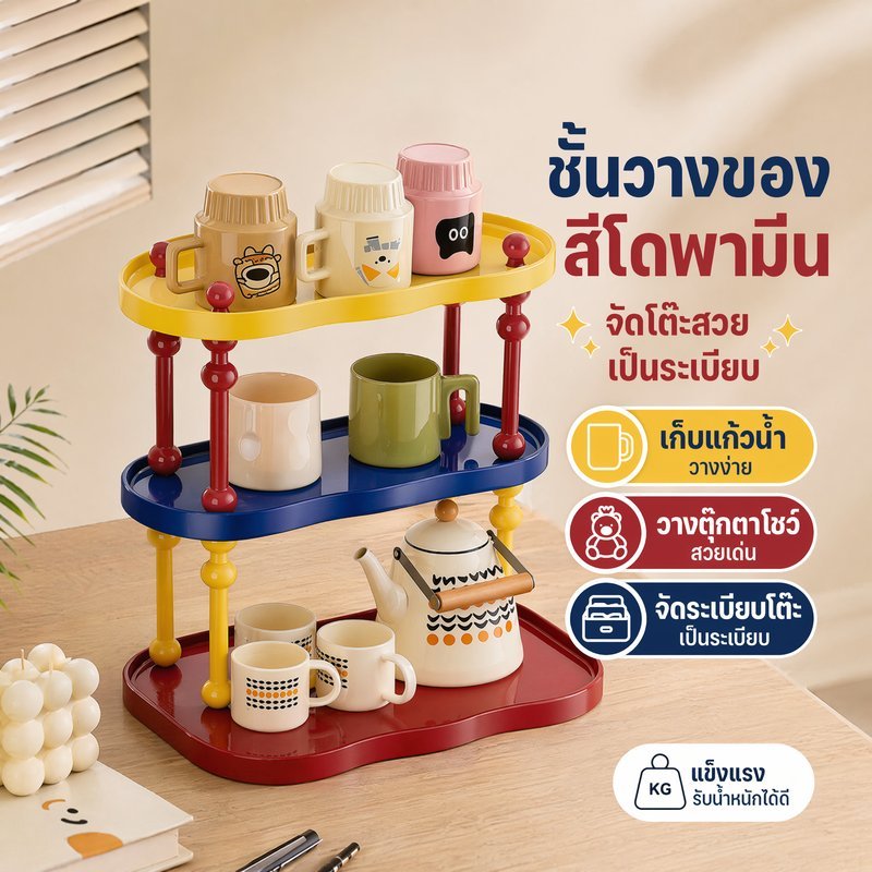 ชั้นวางของบนโต๊ะ ชั้นวางอเนกประสงค์ ชั้นโชว์ตุ๊กตา วางแก้วน้ำ จัดระเบียบโต๊ะ สีโดพามีน
