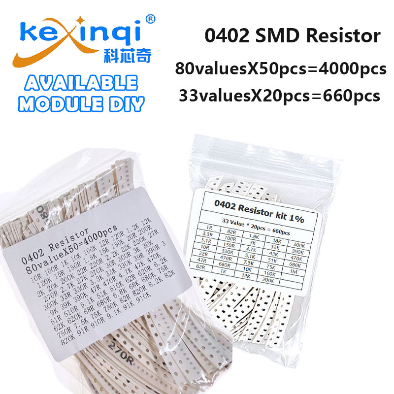 0402 ตัวอย่างตัวต้านทาน SMD Assorted Kit 1% 5% 0R 4.7K 1K 10K 10M 47K 10R 910K Ohm Resistor