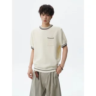 MIXSEVEN เสื้อผู้ชายแขนสั้นไหมพรมสีน้ำเงิน คอปกขาว มีกระเป๋าใบข้าง สไตล์เกาหลี ใส่งานได้ทุกโอกาส