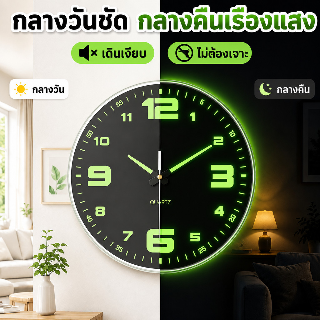 นาฬิกาแขวนผนัง Quartz เรืองแสง เลขใหญ่ อ่านง่าย เดินเงียบ ติดตั้งง่าย แต่งบ้าน ห้องนอน ห้องทำงาน หอพัก คอนโด มินิมอล COD