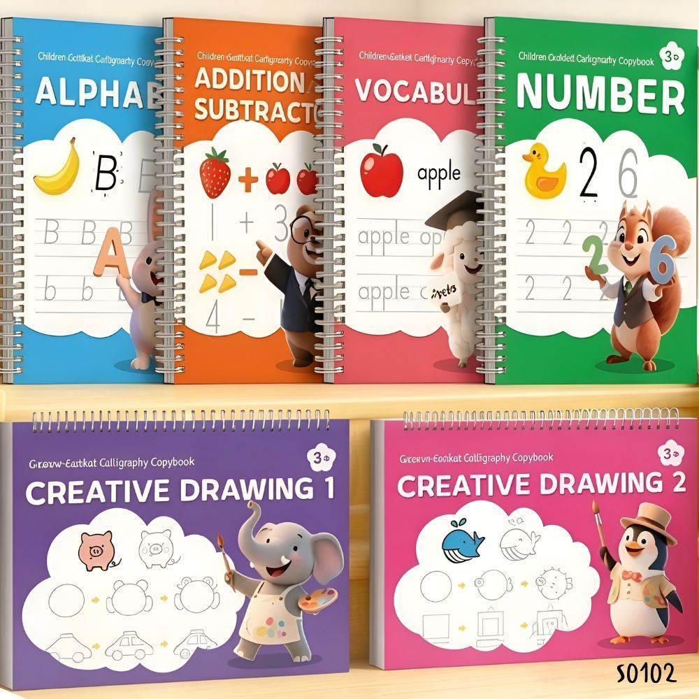 S0102 สมุดคัดลายมือเด็ก 3+ มีร่อง ฝึกเขียน 6 เล่ม ฝึกภาษาอังกฤษ เลข ฝึกวาดรูป เสริมพัฒนาการ ศิลปะ
