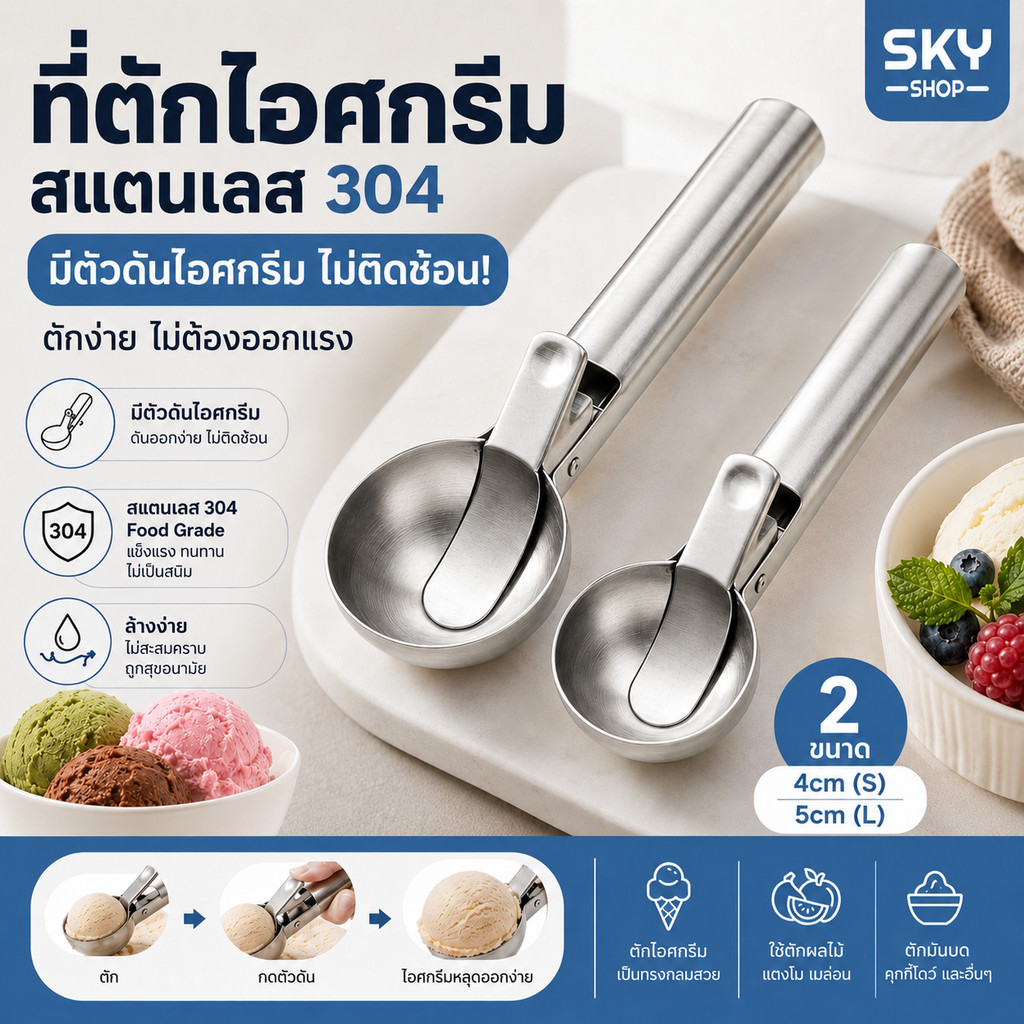SKY ที่ตักไอศกรีมสแตนเลส  ช้อนตักไอศกรีม ที่ตักไอติมแบบสกู๊ป ที่ขูดไอศกรีม ใช้ตักไอศกรีม ผลไม้ มันบด Ice Cream Scoop