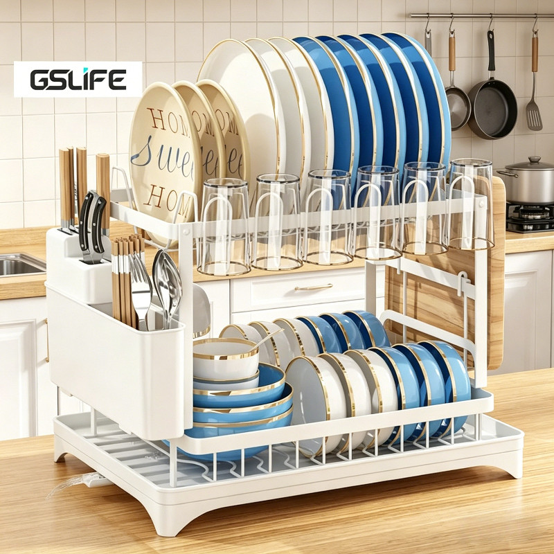 GSlife ชั้นวางจาน 2ชั้น พร้อมที่แขวนแก้ว ที่คว่ำจาน ชั้นวางของในครัว สีขาว
