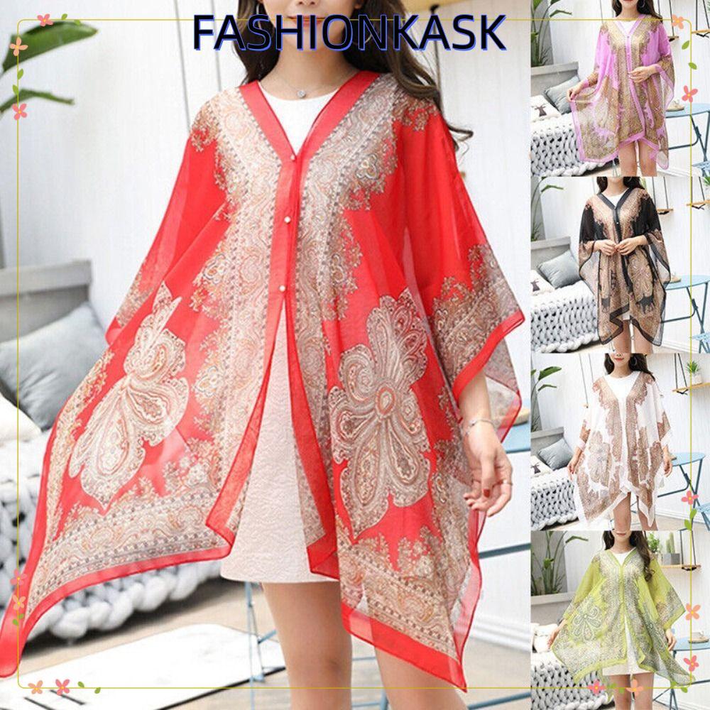 IFASHIONKA Beach Cover Up, ผ้าพันคอผ้าคลุมไหล่คอวี Boho, ชีฟอง One Size Poncho Beach