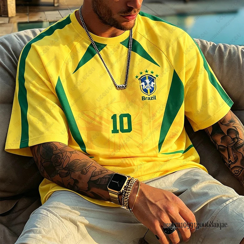 ฤดูร้อนใหม่บราซิลเสื้อฟุตบอลสําหรับผู้ชายฟุตบอลโลกการแข่งขันกีฬาเสื้อยืดตาข่ายระบายอากาศประเดิมแฟนของขวัญผู้ชายเสื้อผ้า ดีวีเจซ
